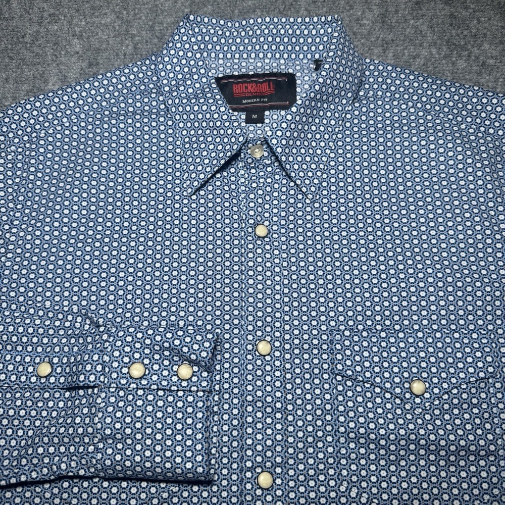 Rock & Roll Pearl Snap Denim Shirt Men M Blue White Geometric Western Modern Fit